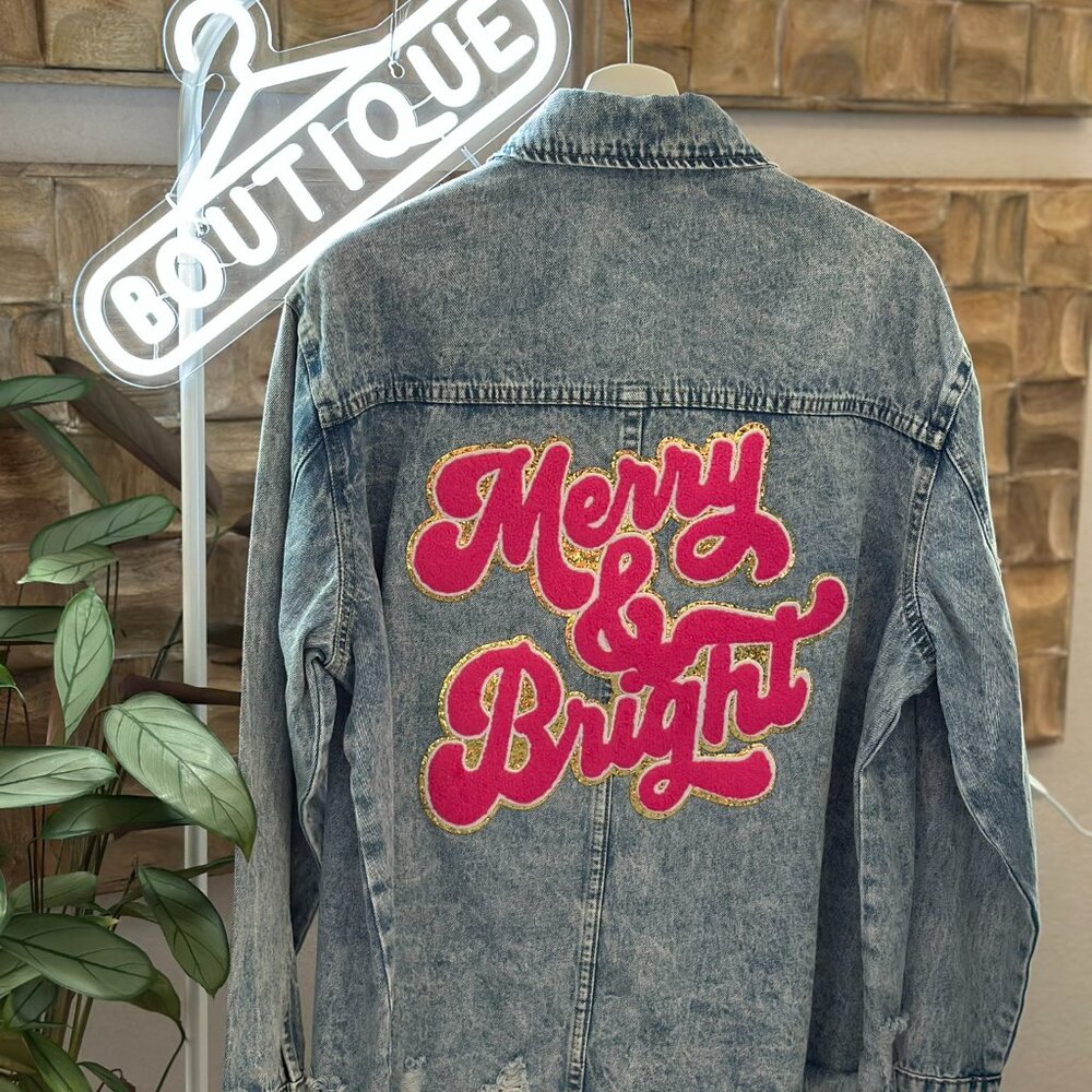 Merry & Bright Distressed Soft Denim Shacket Sequins Chenille Glitter Christmas